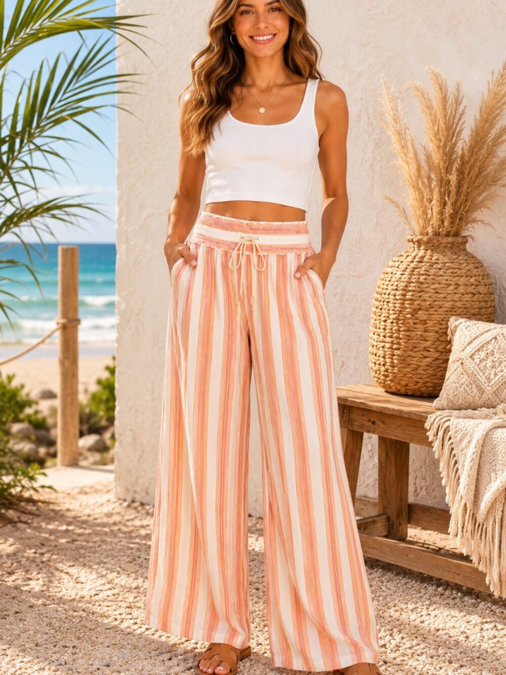 Kingston Grey Junior XL Peach & White Striped Wide‑Leg Pants Boho